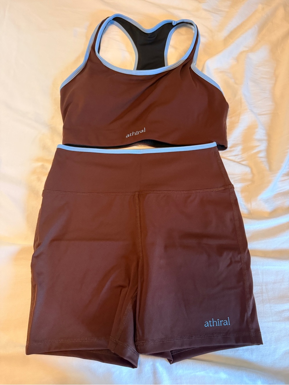 Women's Brown High-Rise Bike Shorts with Light Blue Trim